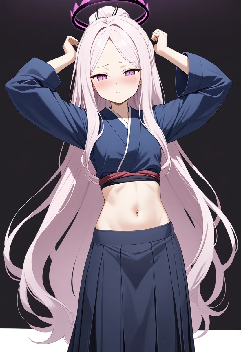 Hina/Blue archive, two arm above head,navel showing, midriff,two arm pit,stand up, beautiful navel,standing,shy face,blush,midriff, long hair,navel showing,kimono,long skirt,long sleeve,,