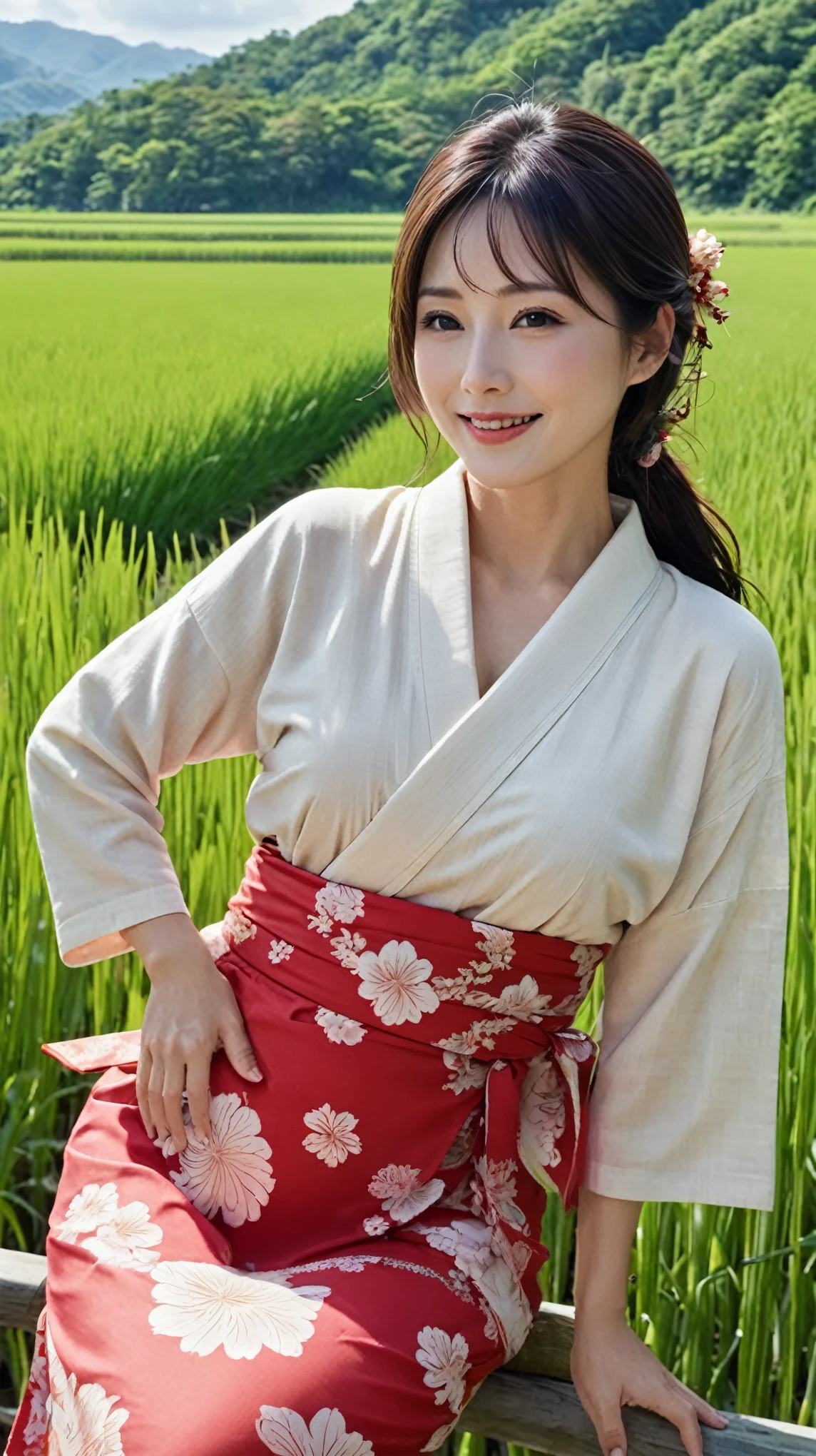 masterpiece,Highest quality,wonderful,(Mature Woman:1),(Mature Woman:1.3), (50歳のMature Woman.1.3)(((Very large)))、(((Big big boobs)))、(((Big big cleavage)))、{Japanese countryside(Rice field footpath)}、Cute Smile、Well-tanned skin、Delicate and precise skin texture、(Plump figure)、disheveled brown hair、Japanese women、(Big Ass)、Thick thighs、Bright red lips、Thick upper arms、Wearing an old yukata with a sober color、Wear a yukata、