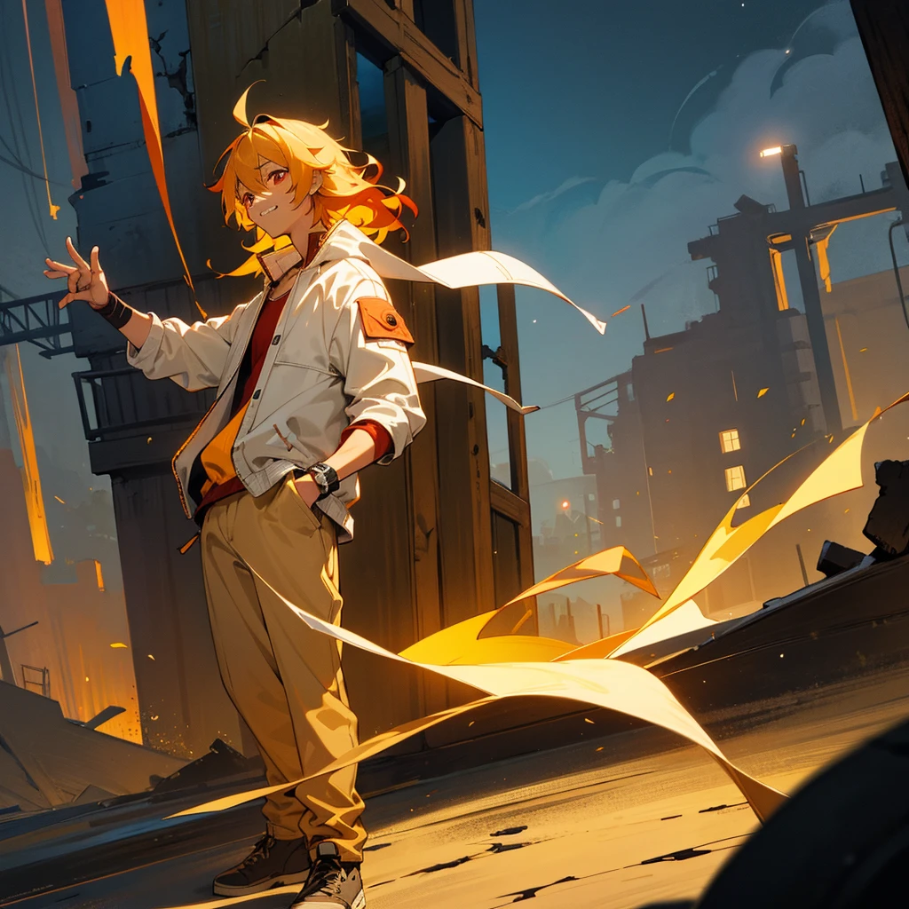 1male, adult, tan skin, finely detailed red eyes, wild medium hair, yellow hair color, casual clothing, jacket, arm band, standing on ruined building, night time, excited expression