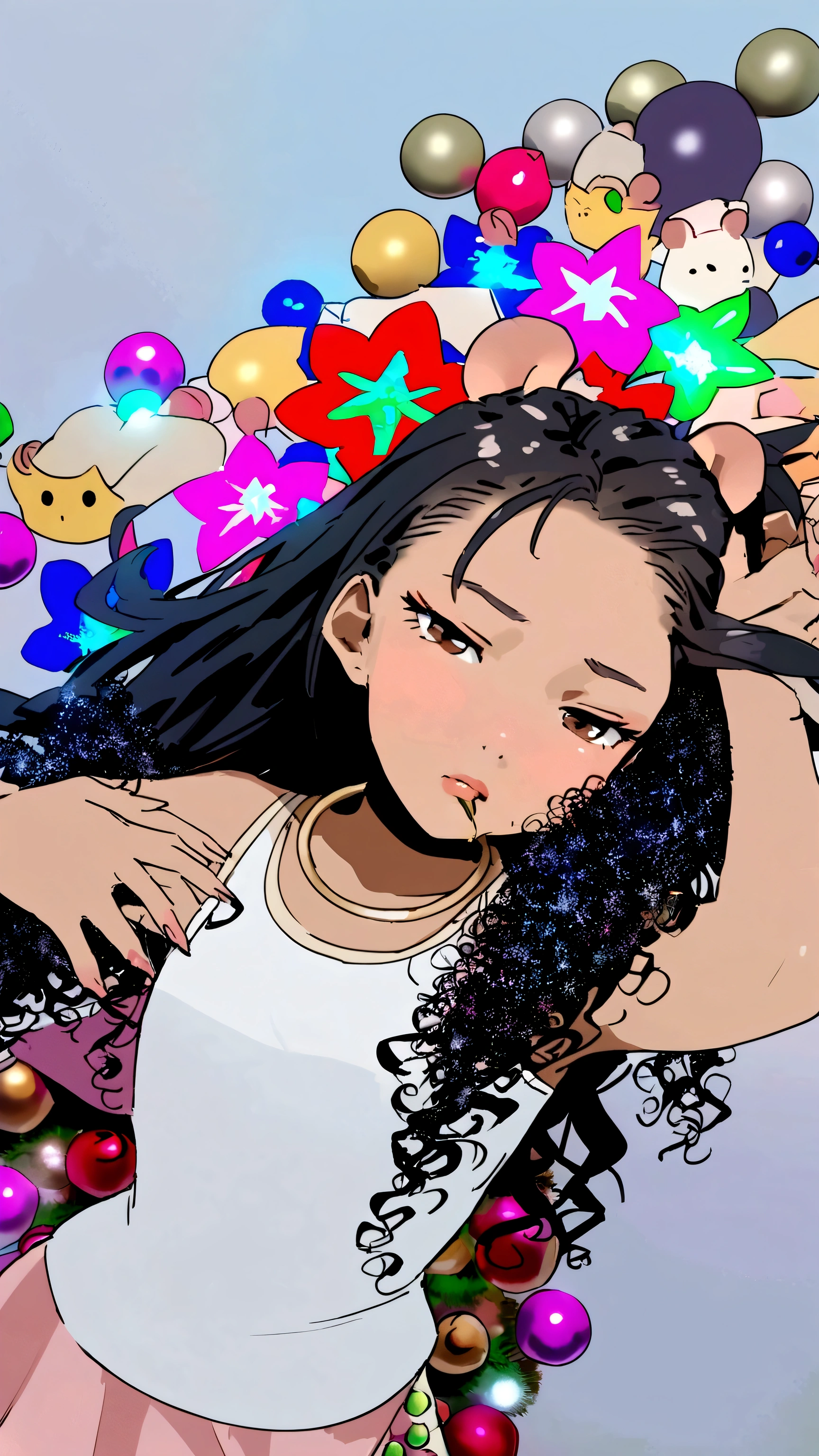 An animated 2D girl turned into a mouse and biting a cheese in a dress