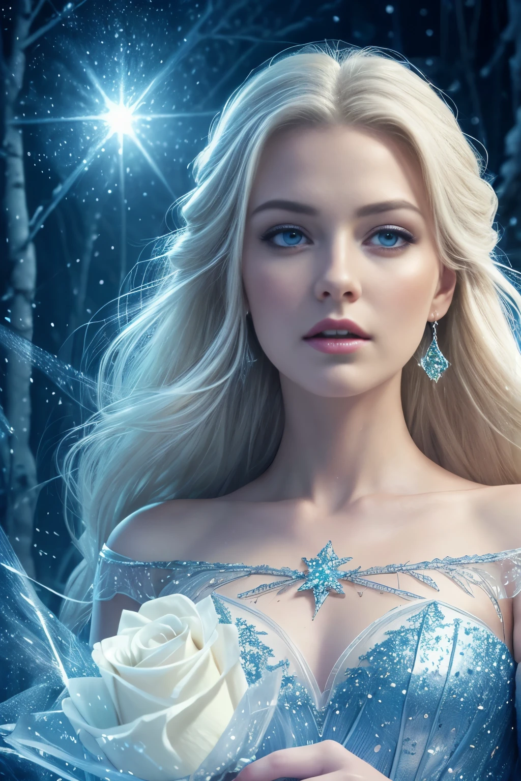((film grain, hips, light particles ,dust, Extreme camera angle)),Beautiful, detailed, full-length drawing of the Snow Queen Elsa, holding a frozen red rose bud in her hands, detailed facial features, piercing blue eyes, Delicate facial features, elegant snow-white dress, flowing platinum blonde hair, intricate details of snow and ice crystals, photorealistic, super detailed, Award-winning digital art, Cinematic lighting, dramatic atmosphere, bright colors, fantasy, masterpiece