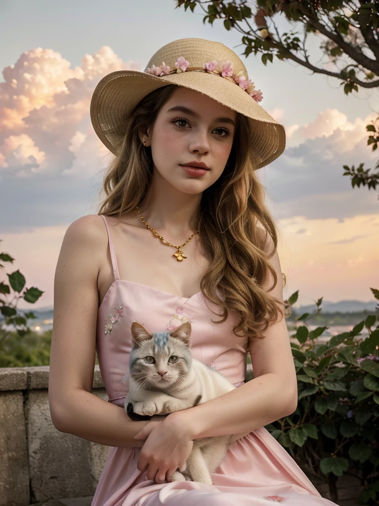 Masterpiece, Best quality, high resolution, realistic , hyperrealism , lifelike photography ,1950s, portrait position, alluring beautiful full body shot, (curly blondish brunette long hair, blue cat-shaped eyes), white skin with freckles, beautiful pink flower hat, beautiful period dress with flower embroidery and details , beautiful golden  necklaces & bracelets, elegant bearing, beautiful landscape background of a rose & lilac & orchid garden, high budget , beautiful mesmerizing face and small nose, long and curly sparkling hair , holding a beautiful orange stray cat , clivage , sunset , pink clouds , yellowish red rays at the horizon, elegant posing, beautiful legs, fit body