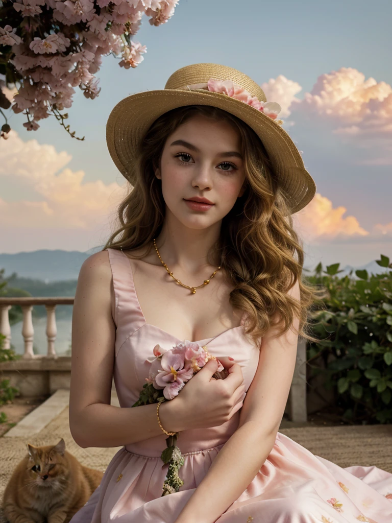 Masterpiece, Best quality, high resolution, realistic , hyperrealism , lifelike photography ,1950s, portrait position, alluring beautiful full body shot, (curly blondish brunette long hair, blue cat-shaped eyes), white skin with freckles, beautiful pink flower hat, beautiful period dress with flower embroidery and details , beautiful golden necklaces & bracelets, elegant bearing, beautiful landscape background of a rose & lilac & orchid garden, high budget , beautiful mesmerizing face and small nose, long and curly sparkling hair , holding a beautiful orange stray cat , clivage , sunset , pink clouds , yellowish red rays at the horizon, elegant posing, beautiful legs, fit body