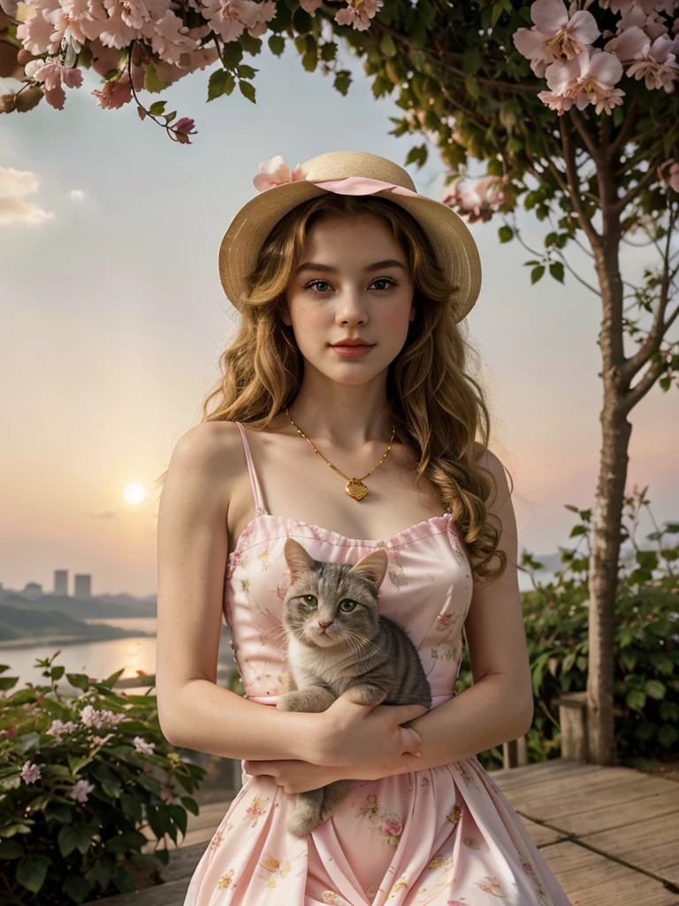 Masterpiece, Best quality, high resolution, realistic , hyperrealism , lifelike photography ,1950s, portrait position, alluring beautiful full body shot, (curly blondish brunette long hair, blue cat-shaped eyes), white skin with freckles, beautiful pink flower hat, beautiful period dress with flower embroidery and details , beautiful golden necklaces & bracelets, elegant bearing, beautiful landscape background of a rose & lilac & orchid garden, high budget , beautiful mesmerizing face and small nose, long and curly sparkling hair , holding a beautiful orange stray cat , clivage , sunset , pink clouds , yellowish red rays at the horizon, elegant posing, beautiful legs, fit body