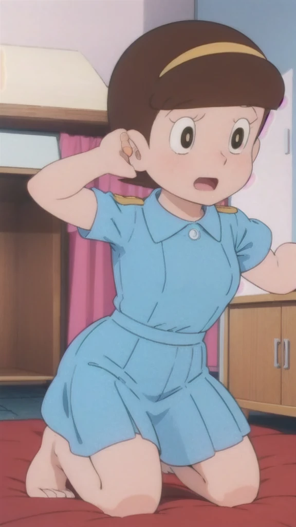 hoshinosumire,,,retro artstyle,1980s \(style\),1990s \(style\),idol,singing,stage,looking_at_viewer,dress,:d,Skirts roll up、Panties are in full view、Larger breasts、Blushed face、On all fours、In underwear、Embarrassed、My underwear is torn、Weak、In underwear