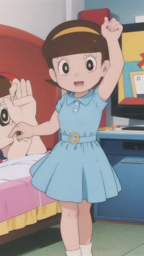 hoshinosumire,,,retro artstyle,1980s \(style\),1990s \(style\),idol,singing,stage,looking_at_viewer,dress,:d,Skirts roll up、Panties are in full view、Larger breasts、Blushed face、On all fours、In underwear、Embarrassed、My underwear is torn、Weak、In underwear
