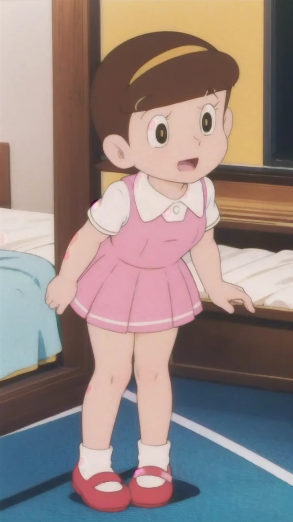 hoshinosumire,,,retro artstyle,1980s \(style\),1990s \(style\),idol,singing,stage,looking_at_viewer,dress,:d,Skirts roll up、Panties are in full view、Larger breasts、Blushed face、On all fours、In underwear、Embarrassed、My underwear is torn、Weak、In underwear