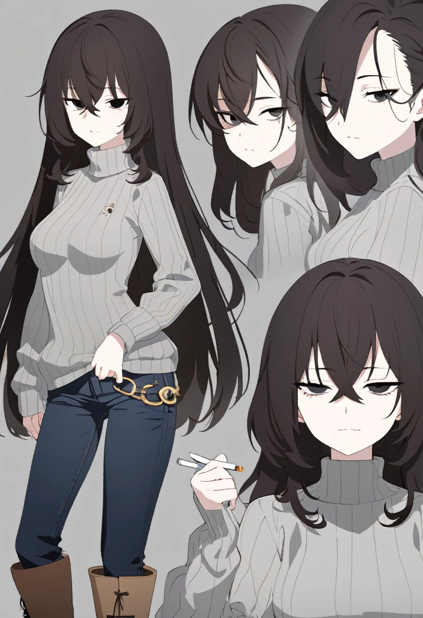 One Woman,Downer,older sister,Concept Art,Dark brown hair,Straight hair with slight inward curls,Staring eyes,Eye Ridge,black eye,Crossed bangs,whole body,smile,Slightly larger breasts,Gray background,Bangs that reach down to the eyes,Messy hair,Tight dark jeans,Gray turtleneck sweater,Multiple views of the same character,Character Design,Dark circles under the eyes,Bad look,Listless,Sloppy,Silver Jewelry,Cafe staff,Holding a cigarette,whole bodyCharacter Design,Detailed hands,Height: 170cm,boots,fleshy,