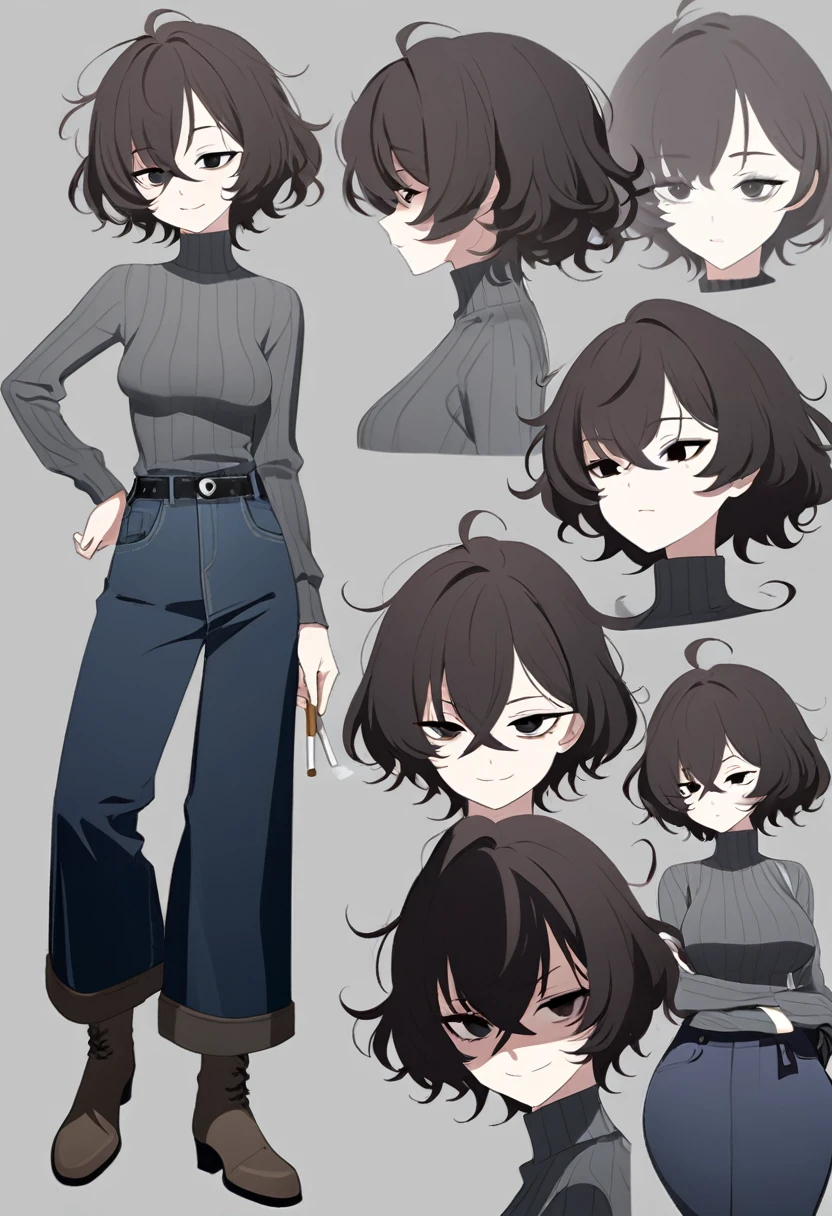 One Woman,Downer,older sister,Concept Art,Dark brown hair,Straight hair with slight inward curls,Staring eyes,Eye Ridge,black eye,Crossed bangs,whole body,smile,Slightly larger breasts,Gray background,Bangs that reach down to the eyes,Messy hair,Tight dark jeans,Gray turtleneck sweater,Multiple views of the same character,Character Design,Dark circles under the eyes,Bad look,Listless,Sloppy,Silver Jewelry,Cafe staff,Holding a cigarette,whole bodyCharacter Design,Detailed hands,Height: 170cm,boots,fleshy,