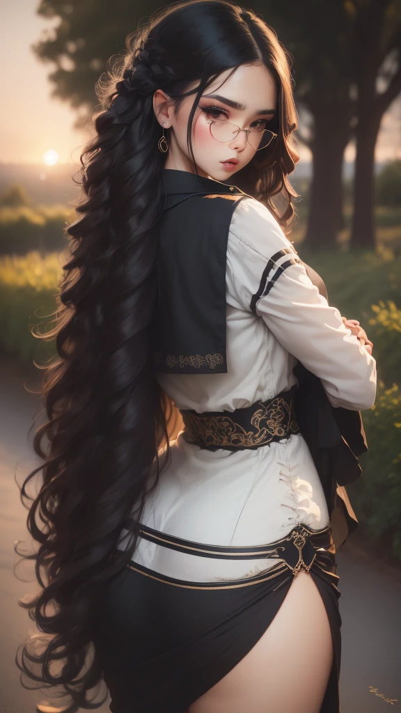 Mexican busty girl, sunset, park trees background, curly hair, sunglasses, autumn
