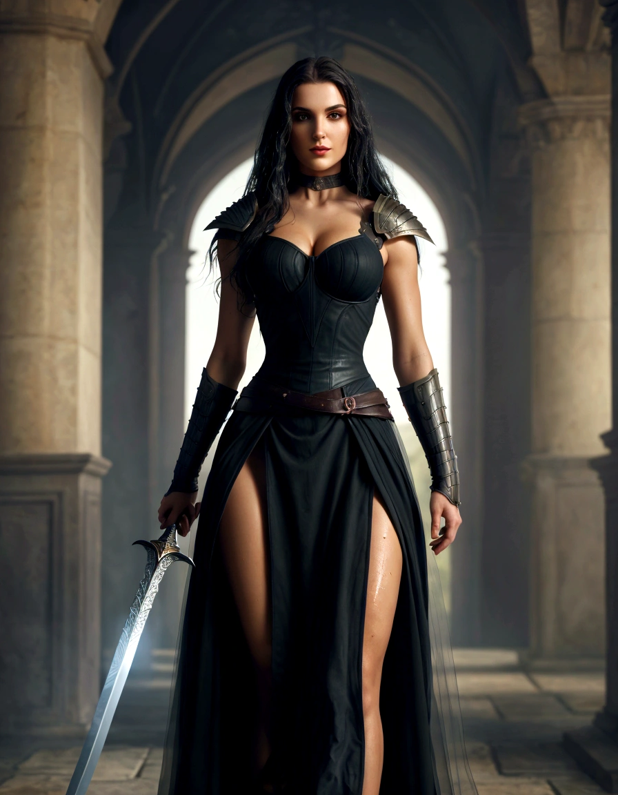 Close-up of a woman in a suit with a sword, female paladin in fantasy style, bikini armor female knight, beautiful female knight, of a beautiful female knight, Fantasy woman, mighty plump sorceress, female warrior, female knight, Tyler Edlin fantasy art, gorgeous female paladin, beautiful female warrior, Fantasy Warrior, very stylish fantasy armor (masterpiece, HDR, ideal_face, Ultra high resolution, very detailed, ultra detailed, чрезвычайно подробные обои CG Unity 32k, permission 32k, Best quality, ultra detailed, ultra-realistic, great quality, extreme detail, dynamic, Photorealism, hyperrealistic, complex parts, hyperrealistic).
Girl 35-40 years old, very beautiful with very long hair, black black long hair, Big Blue eyes, волевое красивое face, strong woman тело, hourglass figure, armor, decorated in Gothic style, Cloak, carries a sword in his hands, thundera storm lightning in the sky ,heavy rain, wet in the rain, High-quality anatomy, Long sword, a storm, lightning, ready to fight pose, warrior, Valkyrie, sexy woman, warrior woman face, light illuminates the figure of a woman warrior holding a large long sword, fantasy mountain woman, top quality figurine with sword, High-quality design, quality sword, very high quality drawn sword handles, beautiful leather armor, Chokker, tattoo on body, barbarian, ancient warrior of legends, warrior princess, wet from the rain, rain, wet head, Slavic appearance(the most beautiful woman in the world beauty beauty, realistic hair, long hair, George, Sports).женские armor, in the style of dark souls 3,( Plump lips, The hourglass figure, detailed facial features, best anatomy, Proportional Fingers, long legs, Proportional strong тело, perfect realistic skin тело, natural realistic тело,), magical moment, rain fall Thundera storms).
