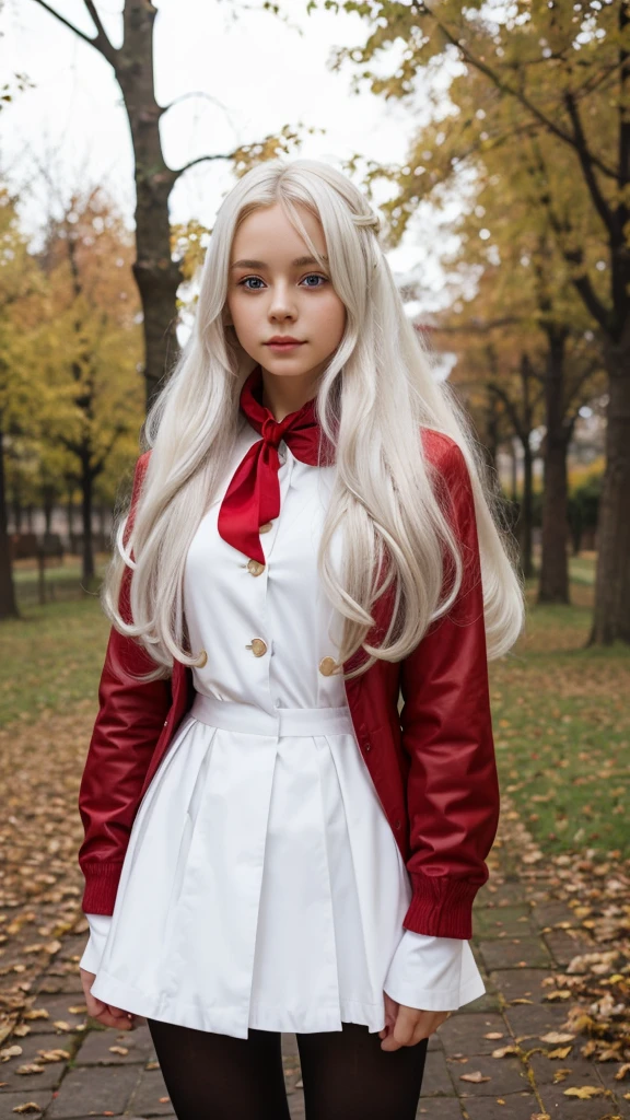 1girl, masterpiece, best quality, high quality, WHITE HAIR, LONG HAIR, hair between eyes, long sleeves, jacket, red ascot, dress, skirt, tights, very long hair. Beautiful eyes