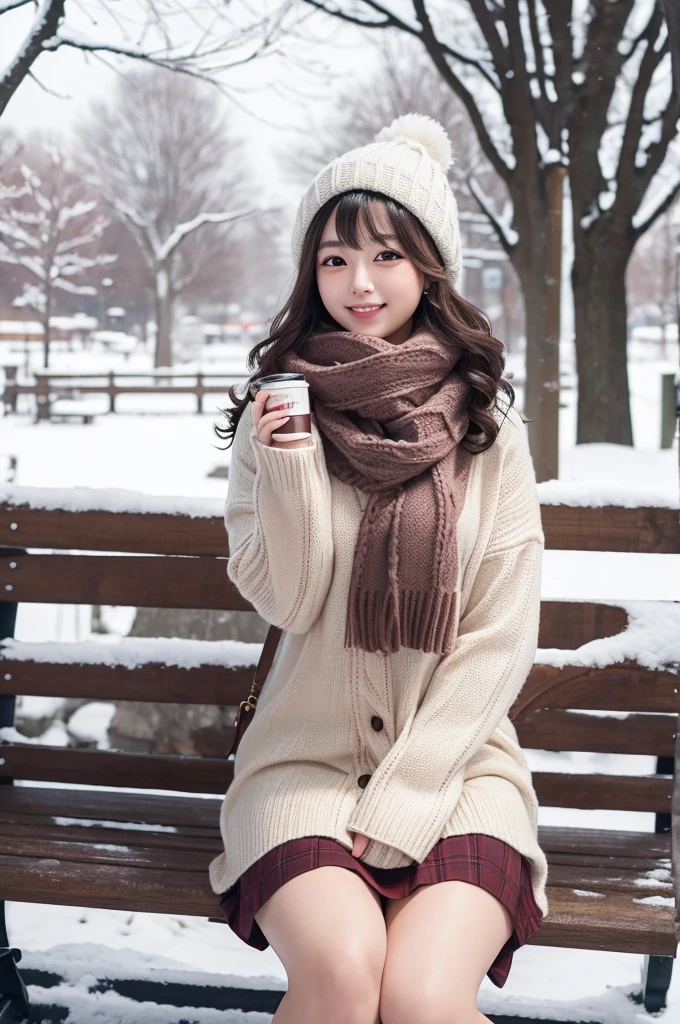 A young Japanese idol-style woman with a small, round face and youthful features. She has natural makeup with a hint of blush and glossy pink lipstick, wearing a warm and affectionate expression. Her hair is black, semi-long straight, and styled with soft curls. She has a short and voluptuous build with fair skin, a slim stomach, and a curvaceous figure. She is wearing a stylish winter outfit: a cozy, oversized cream-colored sweater, a knee-length plaid skirt, black tights, and ankle boots. She is accessorized with a cute knit hat and a long scarf. She is standing in a snowy park, holding a cup of hot cocoa with both hands, her eyes looking warmly at the viewer with a gentle smile. The background features snow-covered trees and a park bench, with soft snowflakes falling. The camera angle is from the front, capturing her full body and the cozy, romantic winter atmosphere. The image should be high quality, realistic, and detailed.