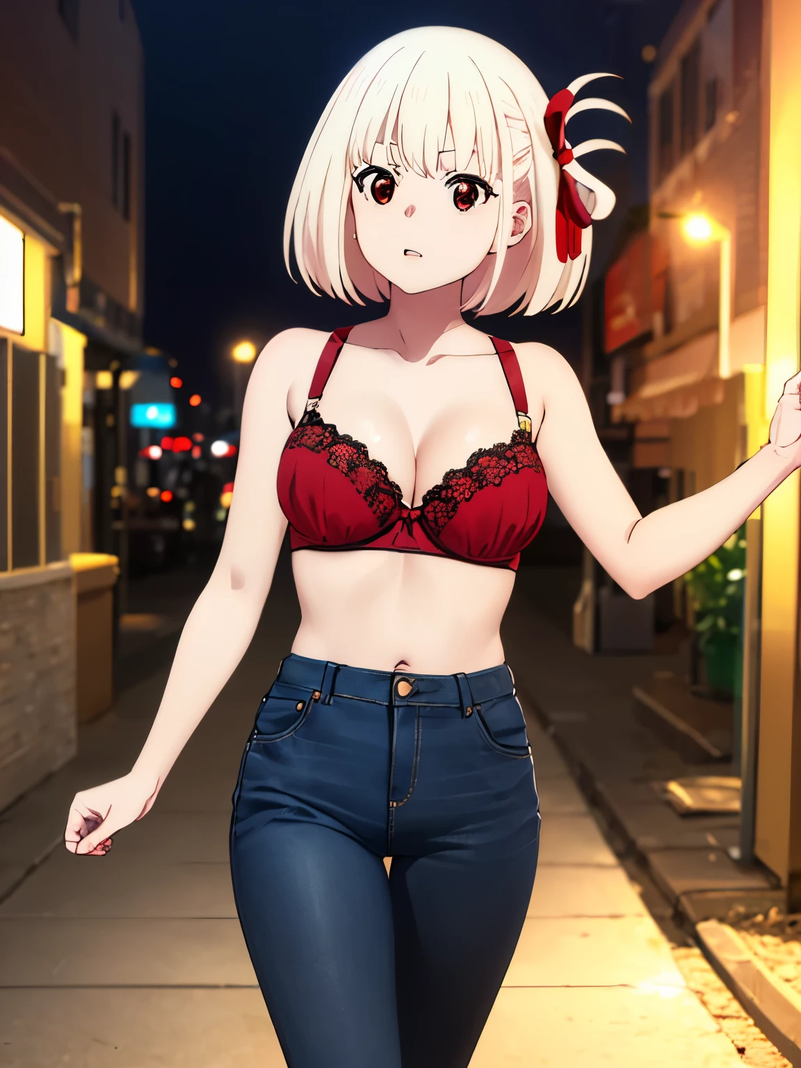 masterpiece, Highest quality, High resolution, Highest quality, High resolution, One girl, nishikigi chisato, short hair, bangs, Blonde, (Red eyes:1.5), Hair Ribbon, One side up, Bobcut, Strong pose, 笑face,Tight jeans, White bra, Walking the Streets, Modern Fashion,Browsing Caution,Official Art,Highly detailed CG Unity 8k wallpaper, Perfect lighting, (masterpiece:1.0),(Highest_quality:1.0), 超High resolution,4K,Super detailed, photograph, 8k, High resolution, High resolution, Absurd:1.2, 400 for Kodak Port, Film Grain, Blurred Background, Bokeh:1.2, Lens flare, (Vibrant_color:1.2),(beautiful_face:1.5),(narrow_Waist),(Perfect hands, Perfect Anatomy),