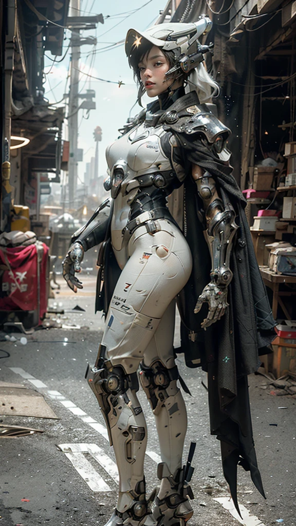 ((best quality)), ((masterpiece)), ((realistic)), (detailed), (photorealistic:1.5), a futuristic girl, (thick body), (white bodysuit), lights on armor, cybernetic headwear, looking at viewer, dynamic pose, post apocalyptic, destroyed city background, buildings on fire, science fiction, hdr, ray tracing, nvidia rtx, super-resolution, unreal 5, subsurface scattering, pbr texturing, post-processing, anisotropic filtering, depth of field, maximum clarity and sharpness, rule of thirds, 8k raw, (luminescent particles:1.4), (extremely detailed cg, unity 8k wallpaper, 3d, cinematic lighting, lens flare), reflections, sharp focus, cyberpunk art, cyberpunk architecture,