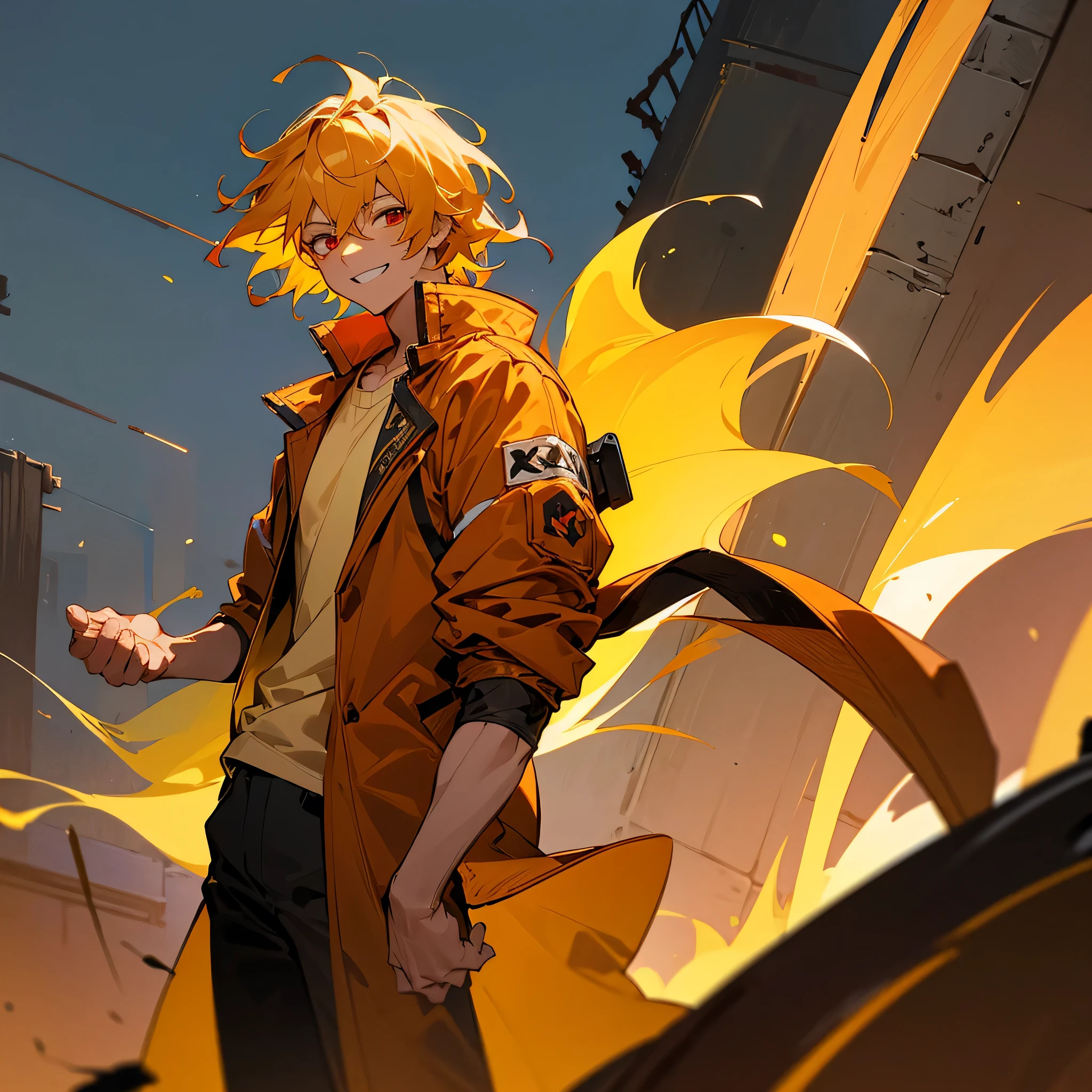 1male, adult, tan skin, finely detailed red eyes, wild medium hair, yellow hair color, casual clothing, jacket, arm band, standing on ruined building, night time, excited expression