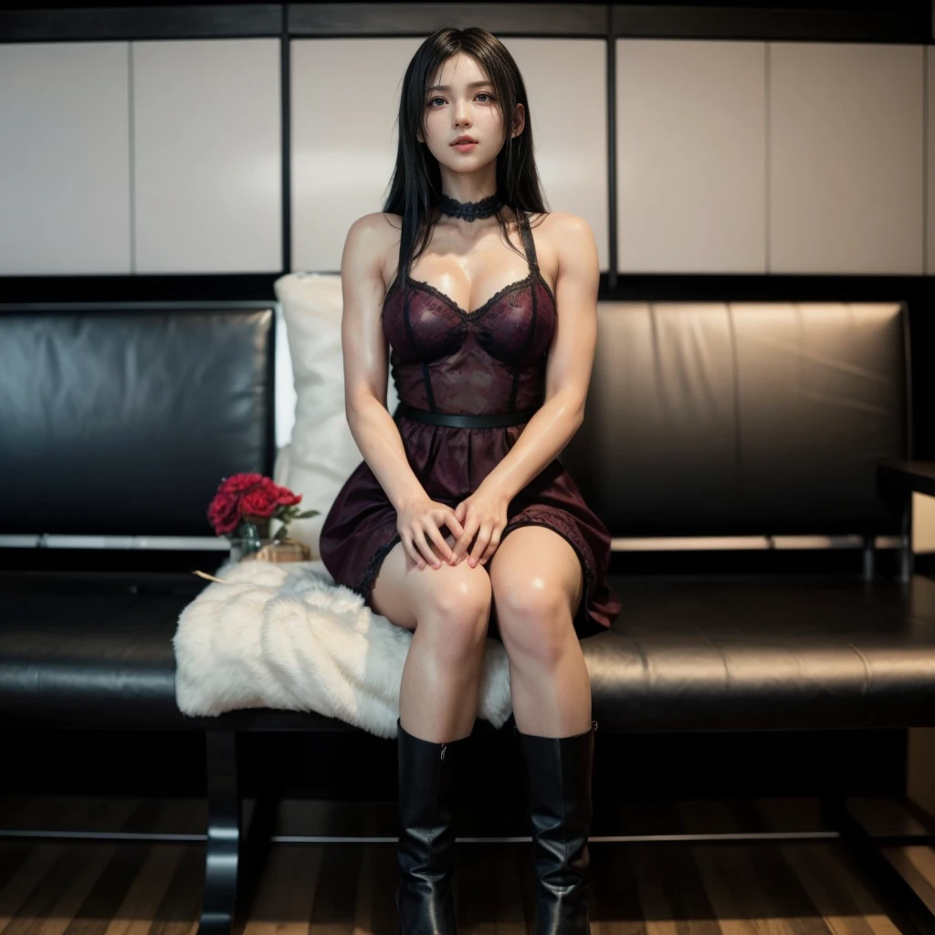 Tifa lockhart, (best quality,ultra-detailed,Realistic:1.37),beautiful detailed face,Perfect symmetry,perfectly shaped body,Perfect makeup,vivid colors,studio lighting