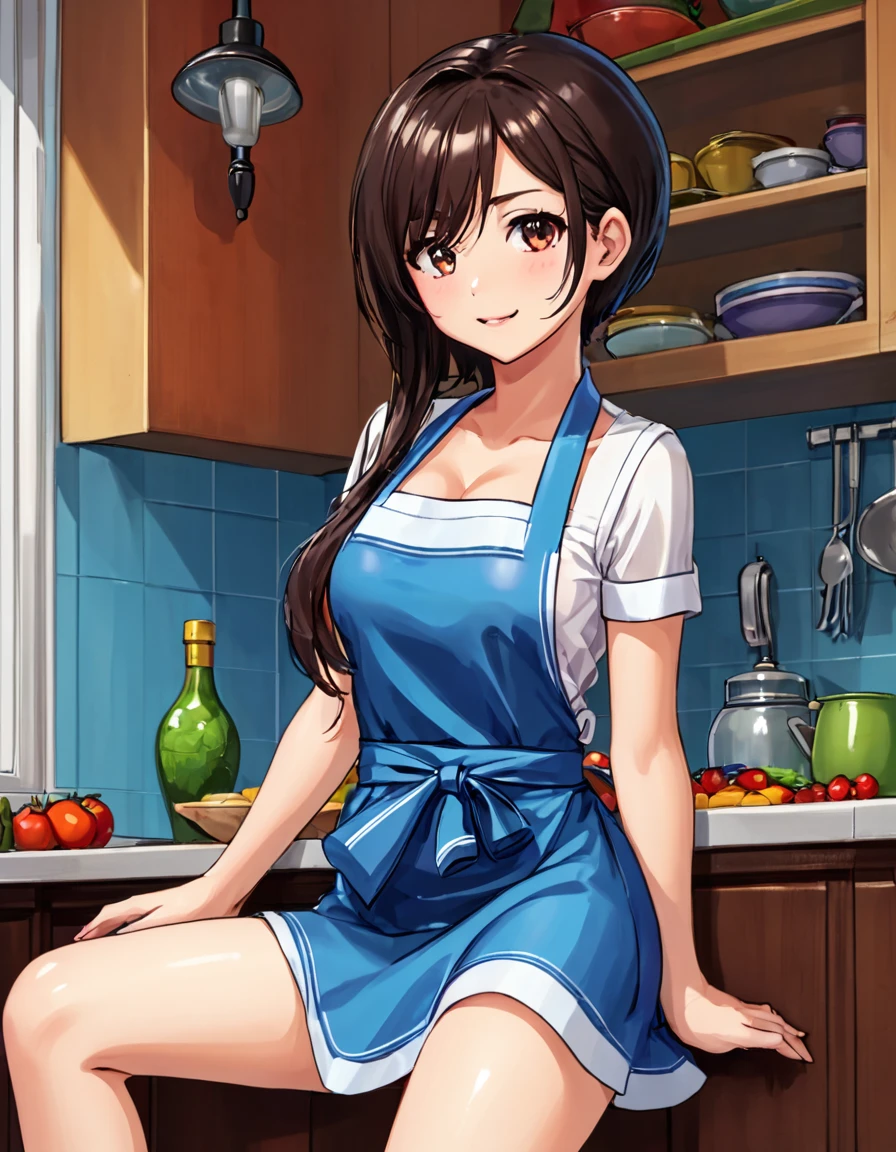 female, Apron, voluptuoso, sentado, sideboob, Axila, (no pants), (sem calcinha)