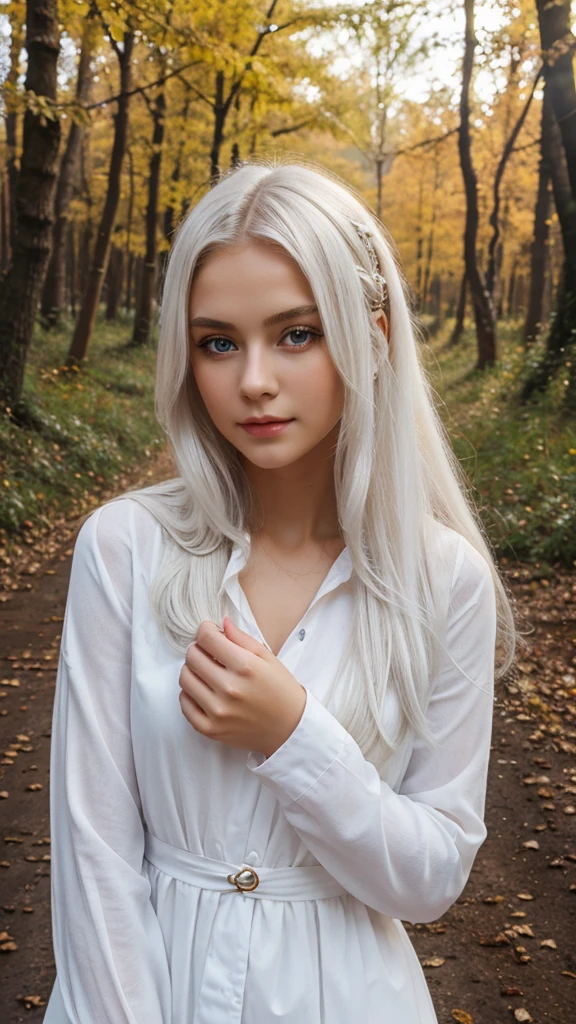 1girl, masterpiece, best quality, high quality, WHITE HAIR, LONG HAIR, beautiful eyes, beautiful clothes. on the background of the autumn forest
