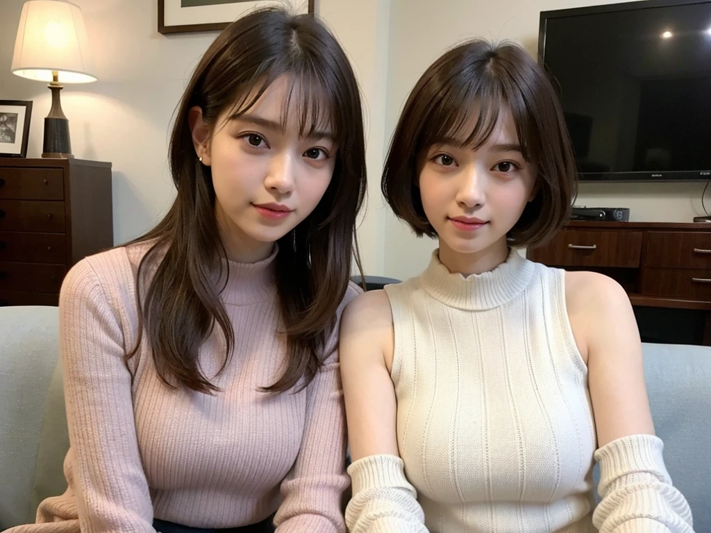 (Sleeveless:1.3) beautiful, thin, Fair Arms Pureeros (super highest quality:1.3) (Very realistic, Realistic:1.3), (Sharp focus:1.3) Pure (Sharp focus:1.3) Wide background々Luxurious living room Bookshelf 3D Beautiful gradients A happy and kind smile Very high quality and stylish See-through bangs Elegant and intelligent Clean and stylish Excellent Education Women's Fashion Magazine model (Realistic and very high quality:1.3). (High resolution/High resolution:1.3) Tabletop, Very delicate and beautiful, Soft Light, (Brown Hair, Shoulder-length straight bob hair) Beautiful detailed girls, Highly detailed eyes and face, beautifully detailed nose, thin and beautiful eyes, 1 girl, Japanese, Pureな beauty, cute, young, Very stylish A spring sweater in spring-like colors Very stylish Supported by women Trending Fashion , (Medium Chest), Realistic Face, Realistic body,