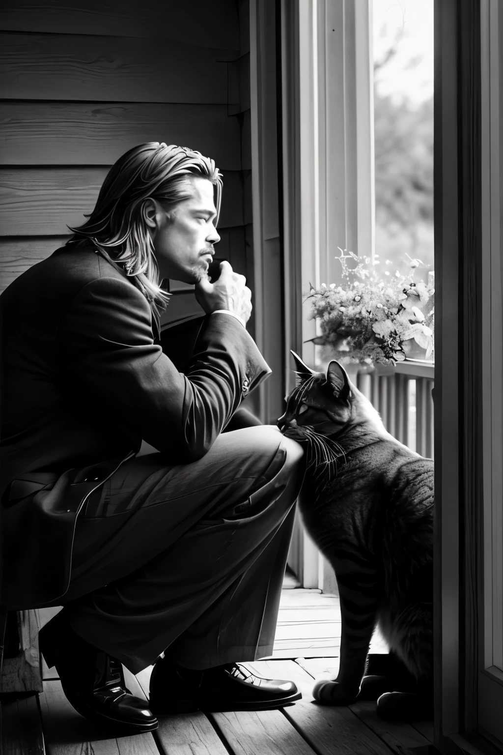Stunning, high-resolution, black and white masterpiece, a timeless image of the celebrated actor Brad Pitt tenderly kissing a fluffy, adorable cat on a quaint porch. The cinematic light, side-lit, casts dramatic shadows, highlighting the actor's rugged features and the cat's soft fur. The image, captured in RAW format, showcases intricate details, perfect for a moody, vintage, and poignant aesthetic. The cat, with its curious gaze and polished coat, stands in stark contrast to Brad Pitt's rugged masculinity, creating a unique, powerful, and unforgettable tableau of an unlikely friendship.
