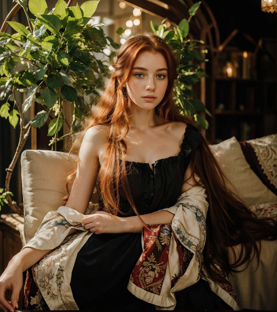 (((Masterpiece))), 25-year-old Caucasian French girl with shoulder-length messy red hair, adorned with , blooming hair akin to a royal . Captured in the best quality, this illustration serves as a 4K wallpaper, 