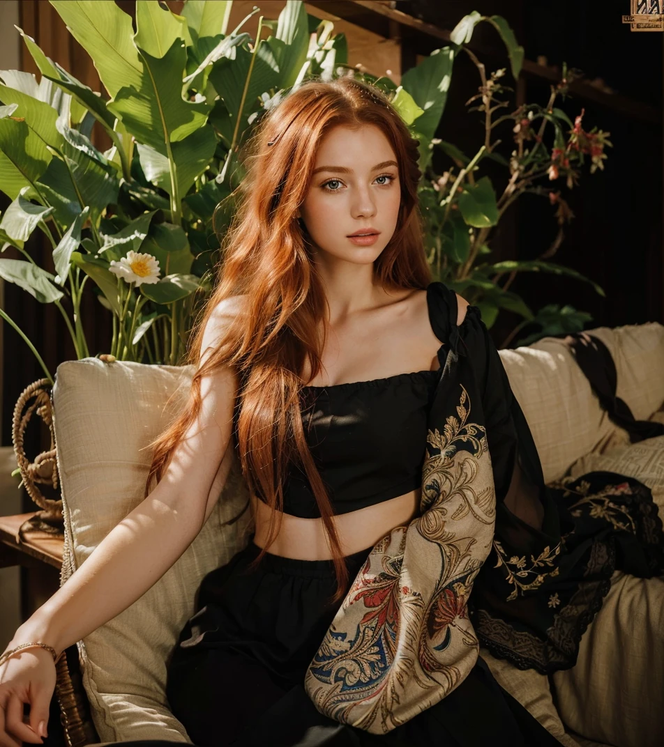 (((Masterpiece))), 25-year-old Caucasian French girl with shoulder-length messy red hair, adorned with , blooming hair akin to a royal . Captured in the best quality, this illustration serves as a 4K wallpaper,
