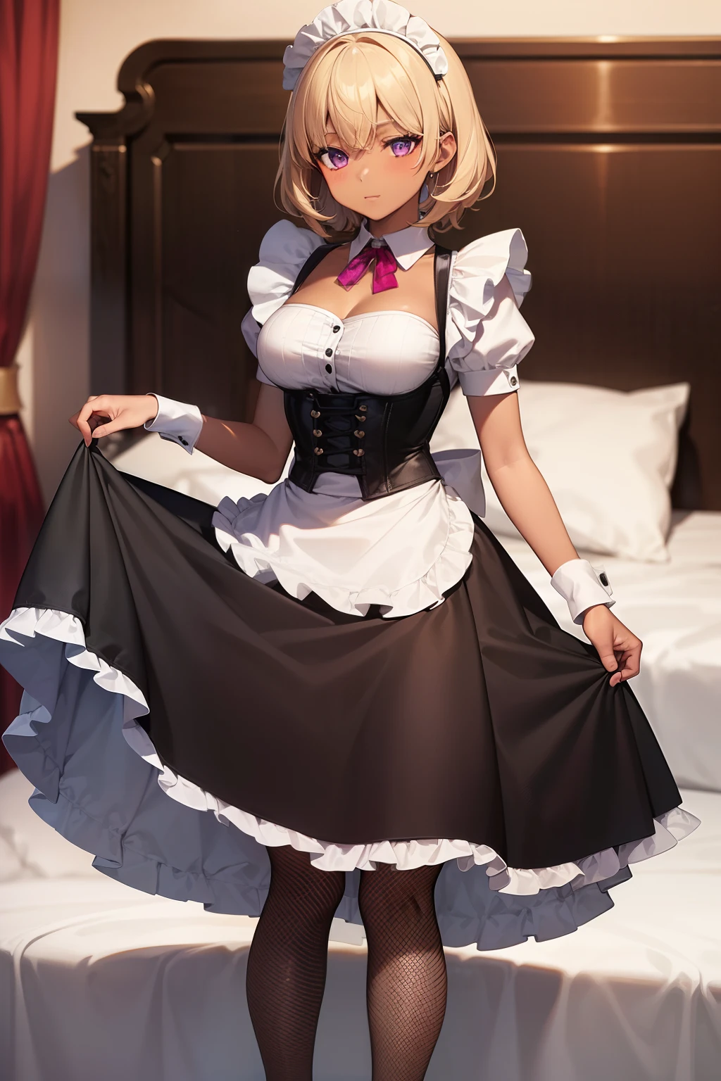 (Tabletop, Highest quality, Super detailed), One Girl, Purple eyes, Blonde Hair, Dark Skin, Short Hair、Perm Hair、((Fishnet tights))、(Bedroom)、((Maid clothes))、Long skirt、corset