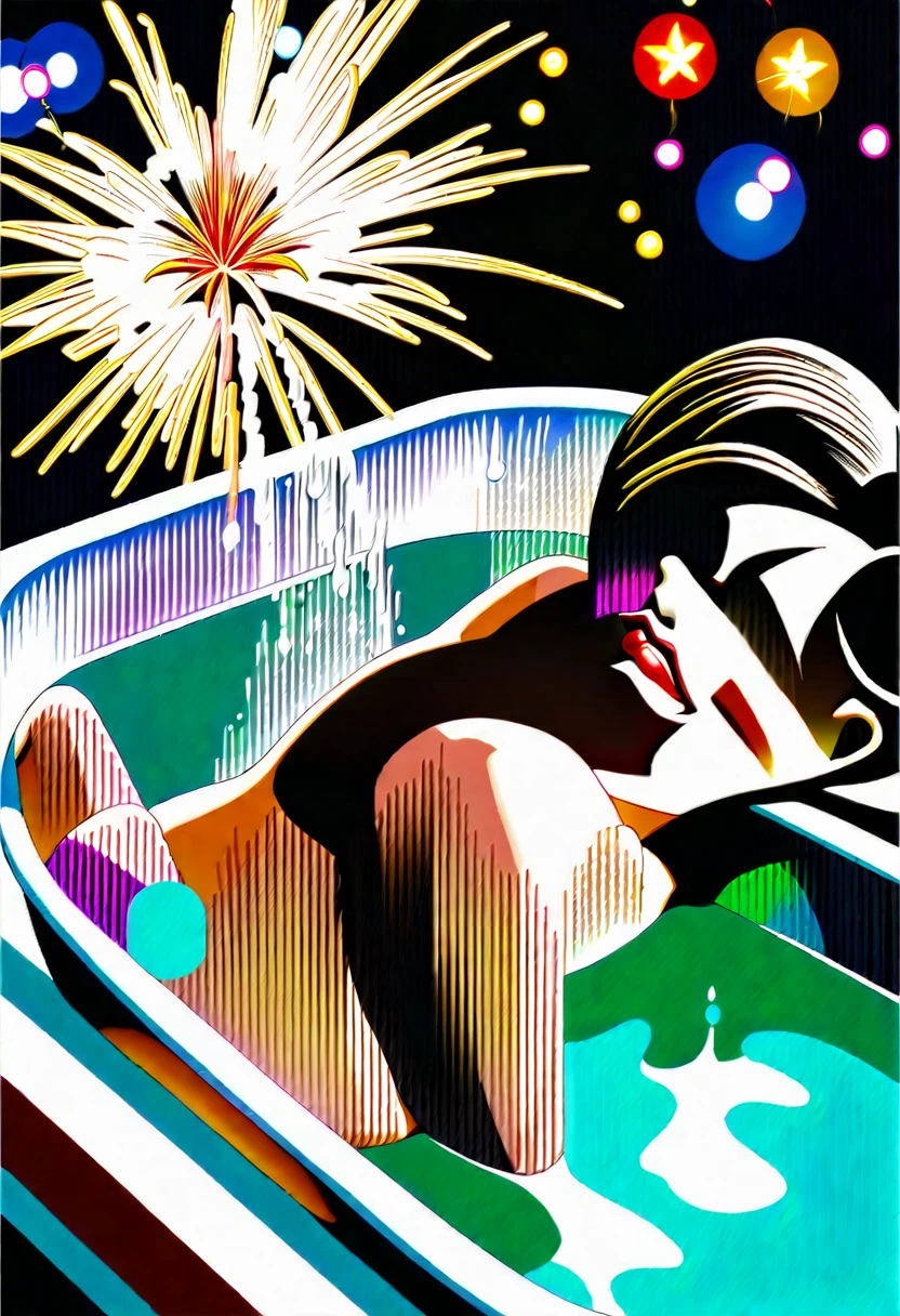 ((Best quality)), girl lying in the bath giving fireworks, hyperrealist, 16:9