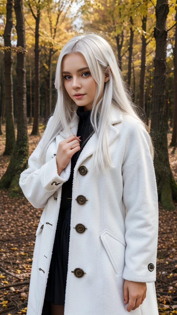 1girl, masterpiece, best quality, high quality, WHITE HAIR, LONG HAIR, beautiful eyes, beautiful clothes, coat, on the background of autumn forest