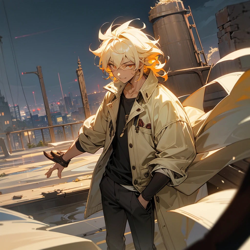 1male, adult, tan skin, finely detailed rose eyes, wild medium hair, pale yellow hair color, casual clothing, jacket, arm band, standing on ruined building, night time, excited expression