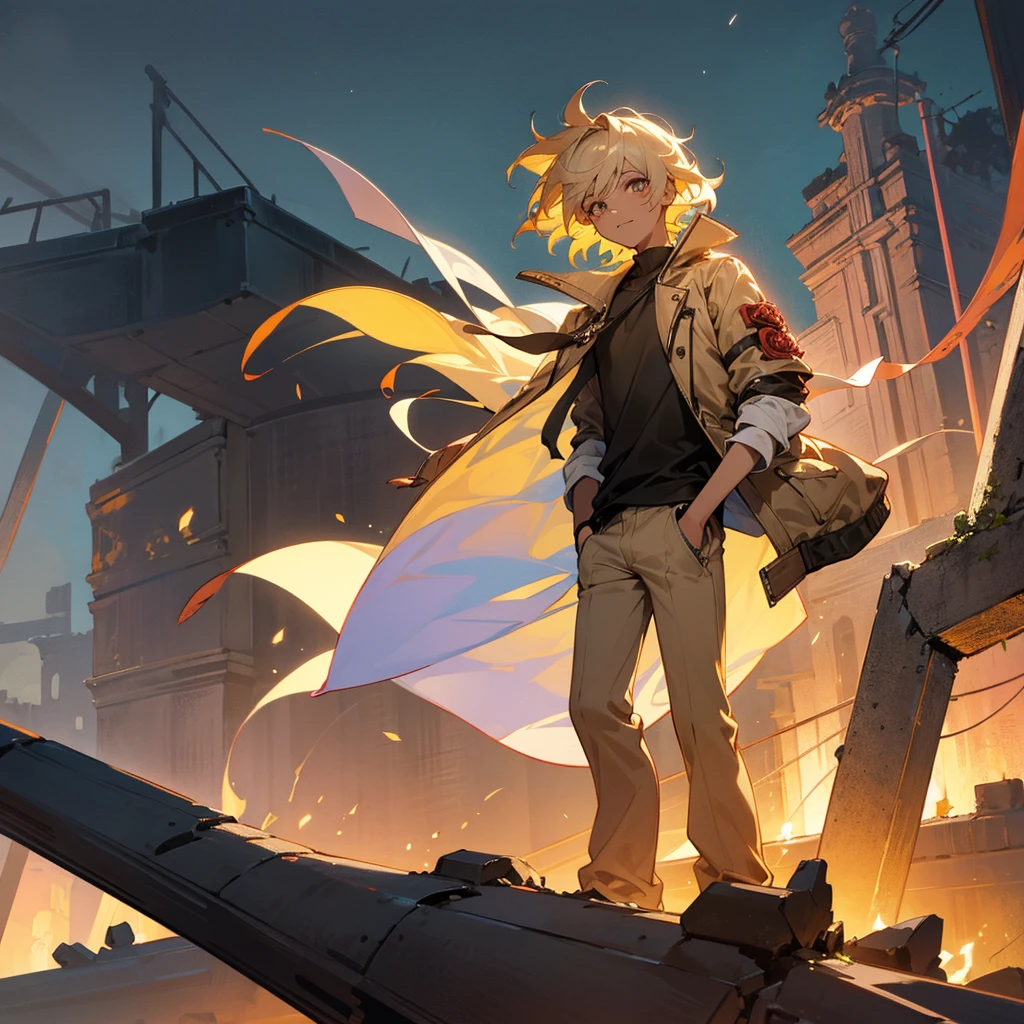 1male, adult, tan skin, finely detailed rose eyes, wild medium hair, pale yellow hair color, casual clothing, jacket, arm band, standing on ruined building, night time, excited expression