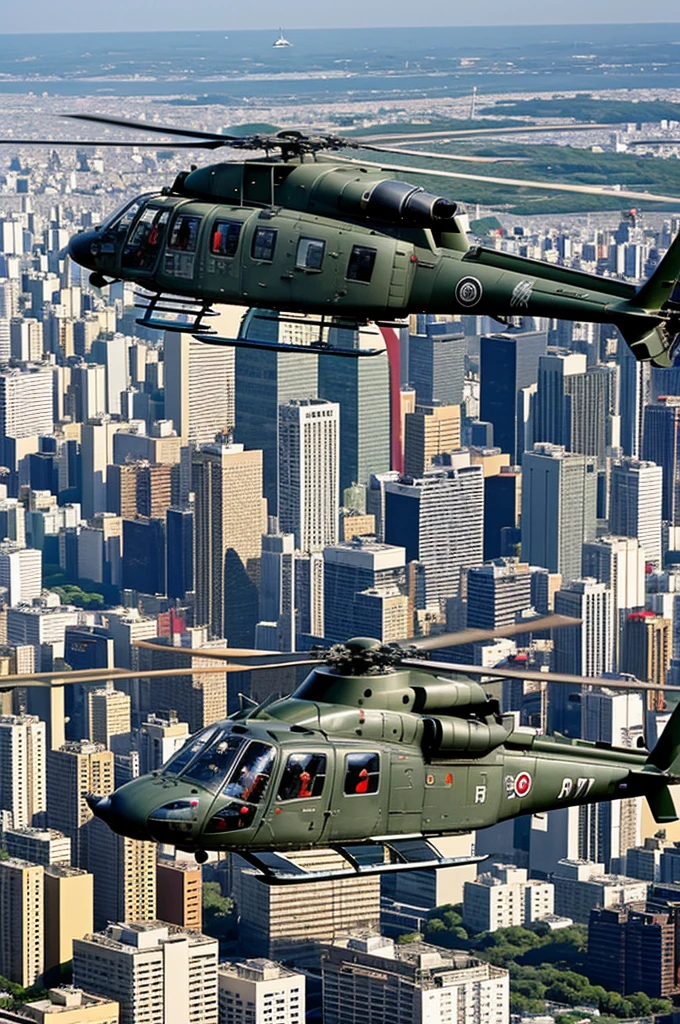 Helicopteros militares sobrevolando la ciudad de japon