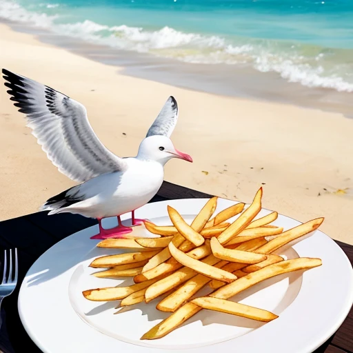 1 seagull eating a plate of French fries, obra maestra, la mejor calidad