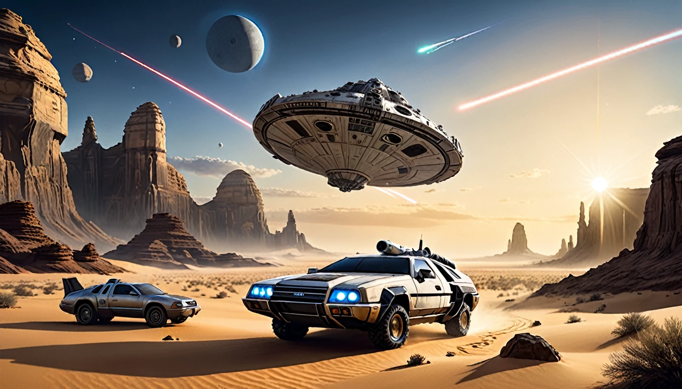 “In a desert landscape beneath a vast sky, towering rock formations rise. The iconic Star Wars Millennium Falcon flies overhead. In the foreground, a large, futuristic bus-like vehicle is parked on the sandy terrain. Saturn-like rings adorn the sky, adding a surreal touch. Include the ‘Star Wars,Camera angle: The camera is positioned at a slightly upward angle, capturing the grandeur of the rock formations and the vastness of the sky. Lighting: The sun is setting, creating warm, golden light that bathes the landscape. Shadows cast by the rocks are elongated. Millennium Falcon details: The Millennium Falcon is flying toward the horizon, with its rear thrusters emitting a characteristic blue glow. Details like laser cannons and the ship’s panels should be visible. Futuristic vehicle: The vehicle parked in the foreground has large windows and an aerodynamic design. It may have retractable wheels or float slightly above the ground. Saturn-like rings: The translucent rings resembling those of Saturn extend across the sky, creating a magical effect. Sand texture: The desert sand has a granulated texture, with small dunes formed by the wind.hyper realistic composition,32k resolution,cinematic composition,cinematic color grading.photography whit Phaseone 35mm,death of field lens.