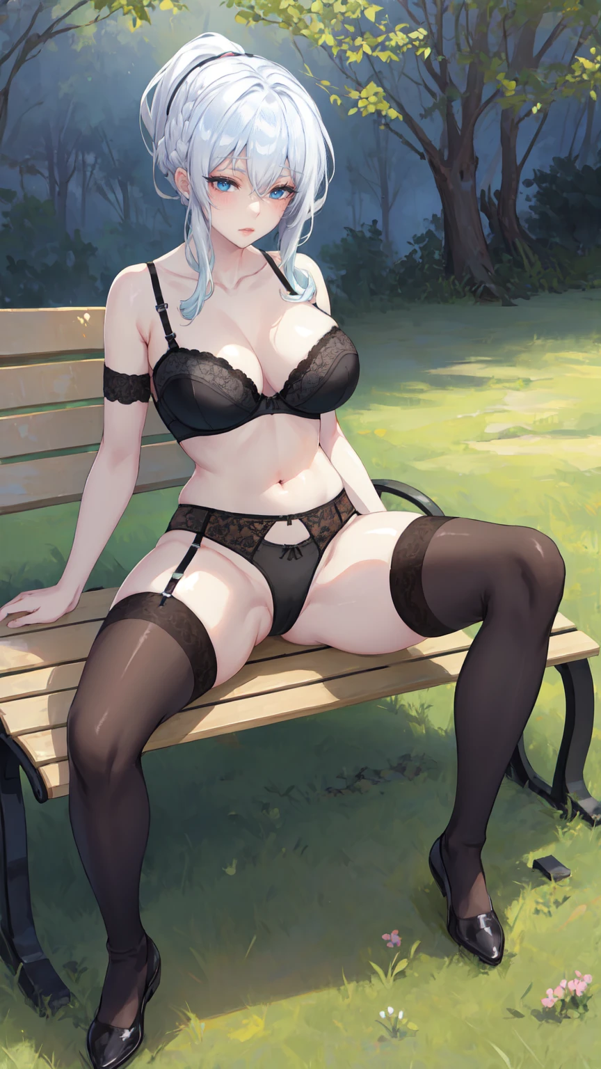 Anime girl, spreading legs (spread legs), 1 girl (solo), hourglass figure, big size chest (big size boobs), looking at viewer, shy face, ponytail, long hair, silver hair, blue eyes, park (trees, grass, bench), sitting on the bench, well drawn average black lace bra, well drawn black lace lingerie, well drawn tights, well drawn garter belt, ultra resolution, high detailed, a Head with good anatomy, a body with good anatomy, a hands with good anatomy, a legs with good anatomy, well drawn navel, open navel (visible navel), full body view, visible legs,