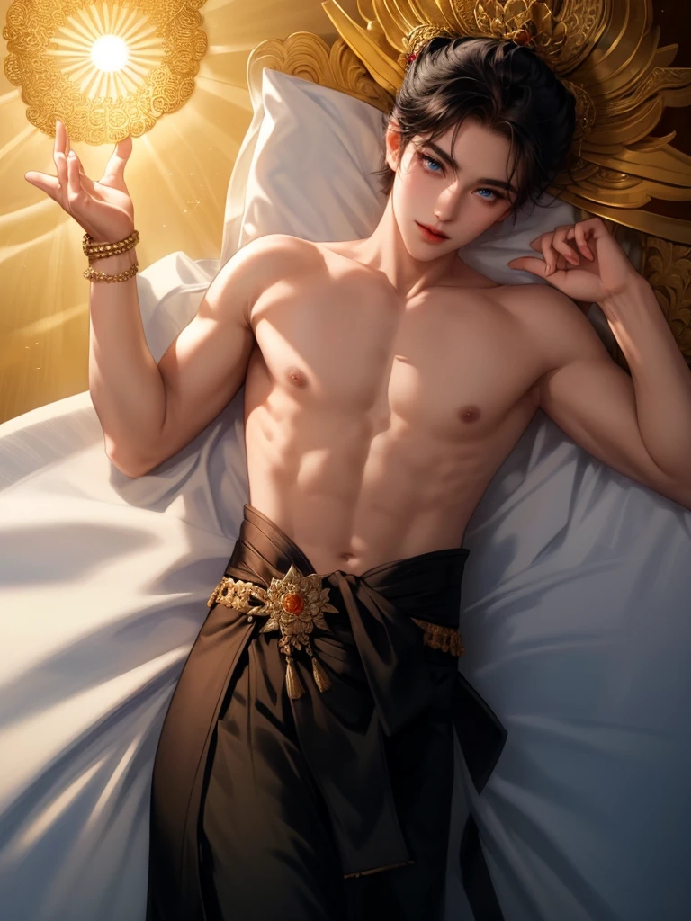 When the sun shines, Apsara is a young boy with a face full of charm. Standing elegantly in a traditional Thai shirt Fine gold cloth, intricately woven, surrounds the body. Light fragrance of traditional Thai flowers from a bouquet of flowers decorated in a shiny black hair bun It further accentuated his beauty. A thin cloth wielding a pure white color bound his right arm intricately. It is like a simple piece of jewelry but has a precious meaning. It represents a young Thai man who is ready to protect and care for the man he loves. His smile was wide. His pitch black eyes radiated brightness. Like the stars in the night sky, when walking, Apsara moves gracefully. The brightly colored loincloth draped across his hips swayed to the rhythm. This makes him look as elegant as a noble prince, Apsara, a young man who is the epitome of a Thai man full of charm. Beautiful both body and mind The traditional Thai shirts he wears reflect the rich culture of Thailand. What a beautiful and impressive sight.