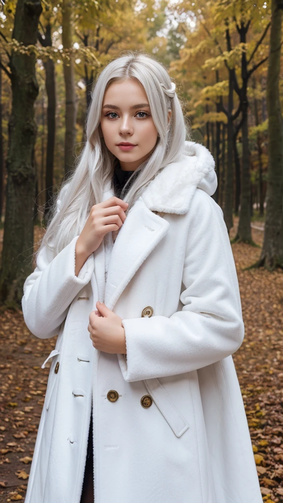 1girl, masterpiece, best quality, high quality, WHITE HAIR, LONG HAIR, beautiful eyes, beautiful clothes, coat, on the background of autumn forest
