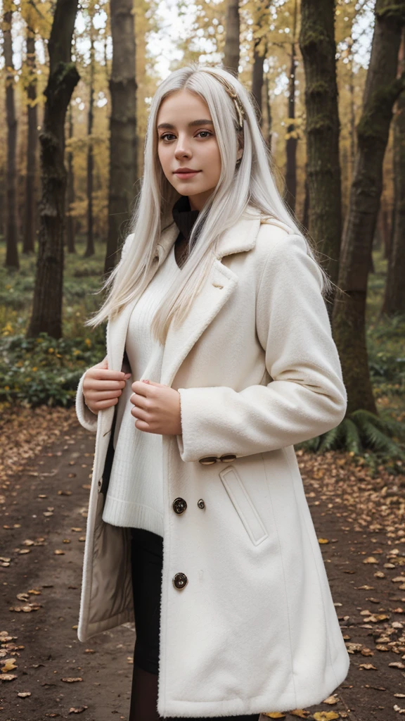 1girl, masterpiece, best quality, high quality, WHITE HAIR, LONG HAIR, beautiful eyes, beautiful clothes, coat, on the background of autumn forest
