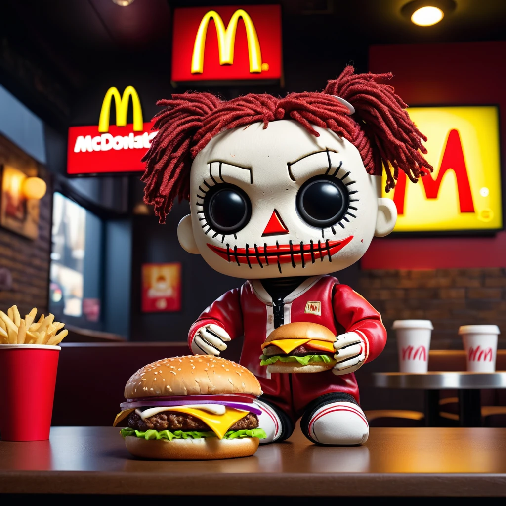 (knitted toy voodoo doll: 1.0), sits in a McDonald's cafe, (in hands a burger: 1.2), in teenage clothes, in the background a dark, gothic atmosphere of a McDonald's cafe, McDonald's logos, best quality, masterpiece, detailed soft oil painting, detailed background, dramatic cinematic lighting, soft edge lighting, professional, dramatic lighting, hard edge lighting, ultra quality, 4k, masterpiece, best quality, 8k, ultra high definition, high resolution, extremely detailed