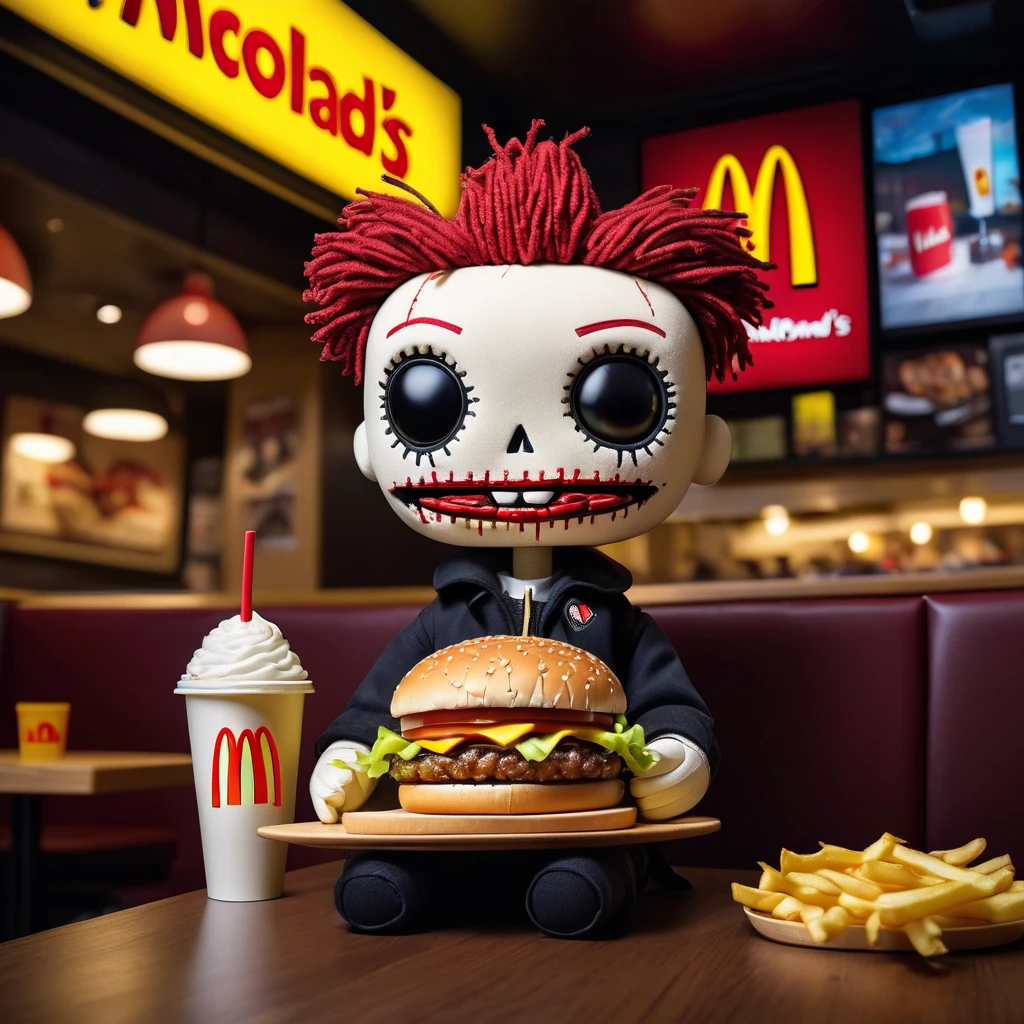 (knitted toy voodoo doll: 1.0), sits in a McDonald's cafe, (in hands a burger: 1.2), in age clothes, in the background a dark, gothic atmosphere of a McDonald's cafe, McDonald's logos, best quality, masterpiece, detailed soft oil painting, detailed background, dramatic cinematic lighting, soft edge lighting, professional, dramatic lighting, hard edge lighting, ultra quality, 4k, masterpiece, best quality, 8k, ultra high definition, high resolution, extremely detailed