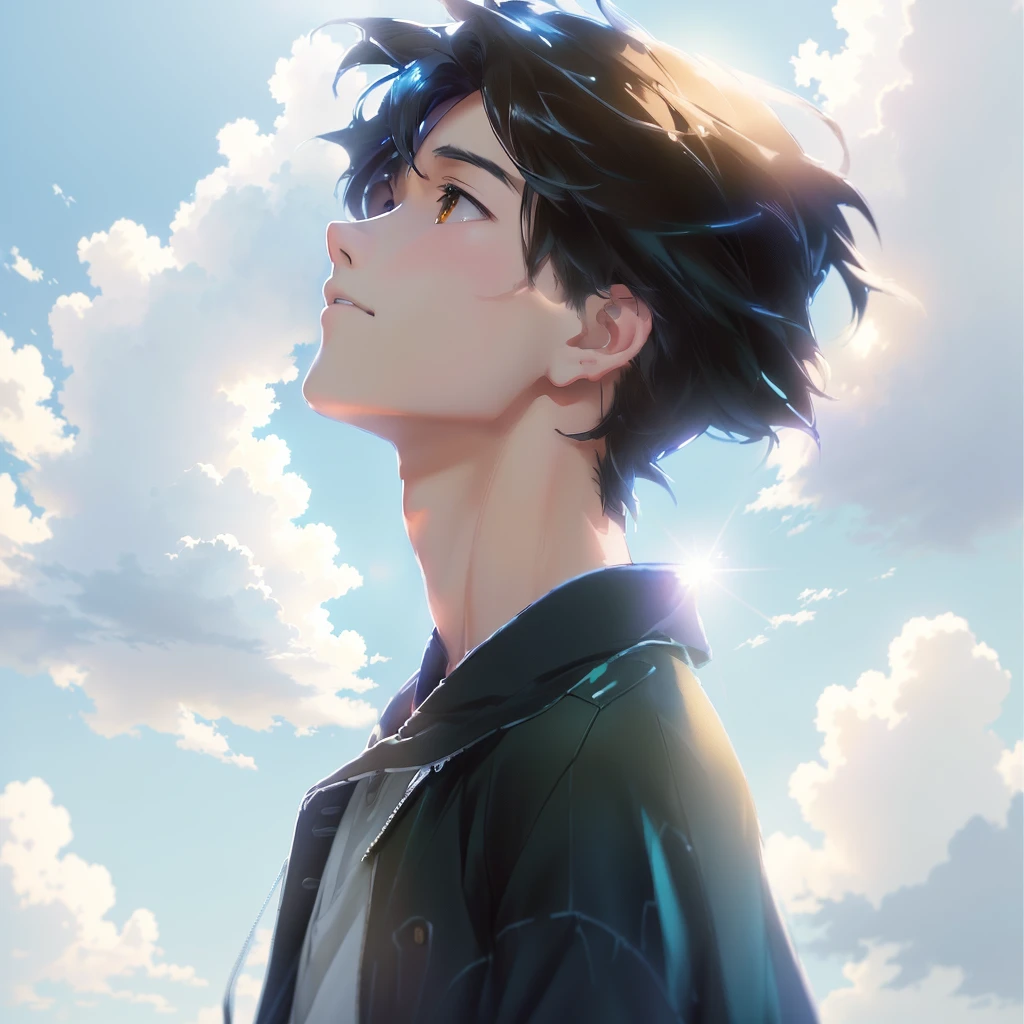 anime boy looking up at the sky with clouds in the background, makoto shinkai. digital render, makoto shinkai art style, style of makoto shinkai, in style of makoto shinkai, makoto shinkai!!, ( ( makoto shinkai ) ), makoto shinkai!, makoto shinkai style