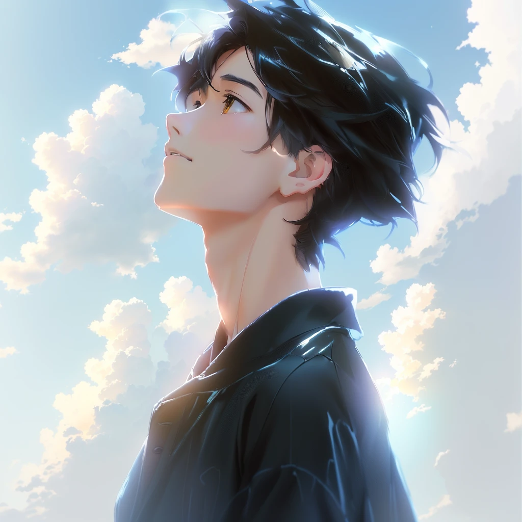 anime boy looking up at the sky with clouds in the background, makoto shinkai. digital render, makoto shinkai art style, style of makoto shinkai, in style of makoto shinkai, makoto shinkai!!, ( ( makoto shinkai ) ), makoto shinkai!, makoto shinkai style