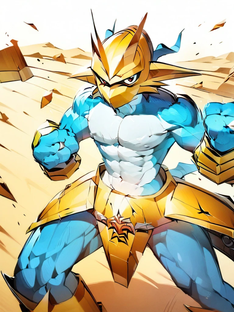 solo,angry Magnamon,tall, blue and white skin,(battle damaged:1.5),(topless Magnamon:2),(armor fragments:1.5),(shirtless:1.5), fighting_stance, in desert ,full_shot
