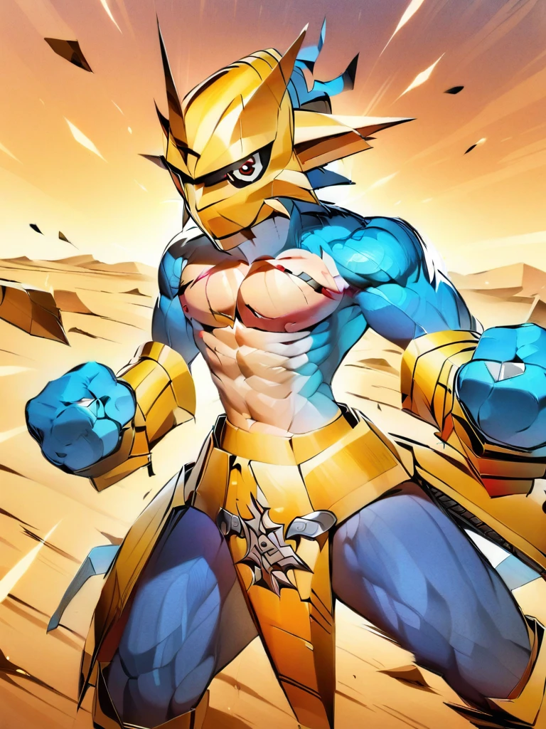solo,angry Magnamon,tall, blue and white skin,(battle damaged:1.5),(topless Magnamon:2),(armor fragments:1.5),(shirtless:1.5), fighting_stance, in desert ,full_shot