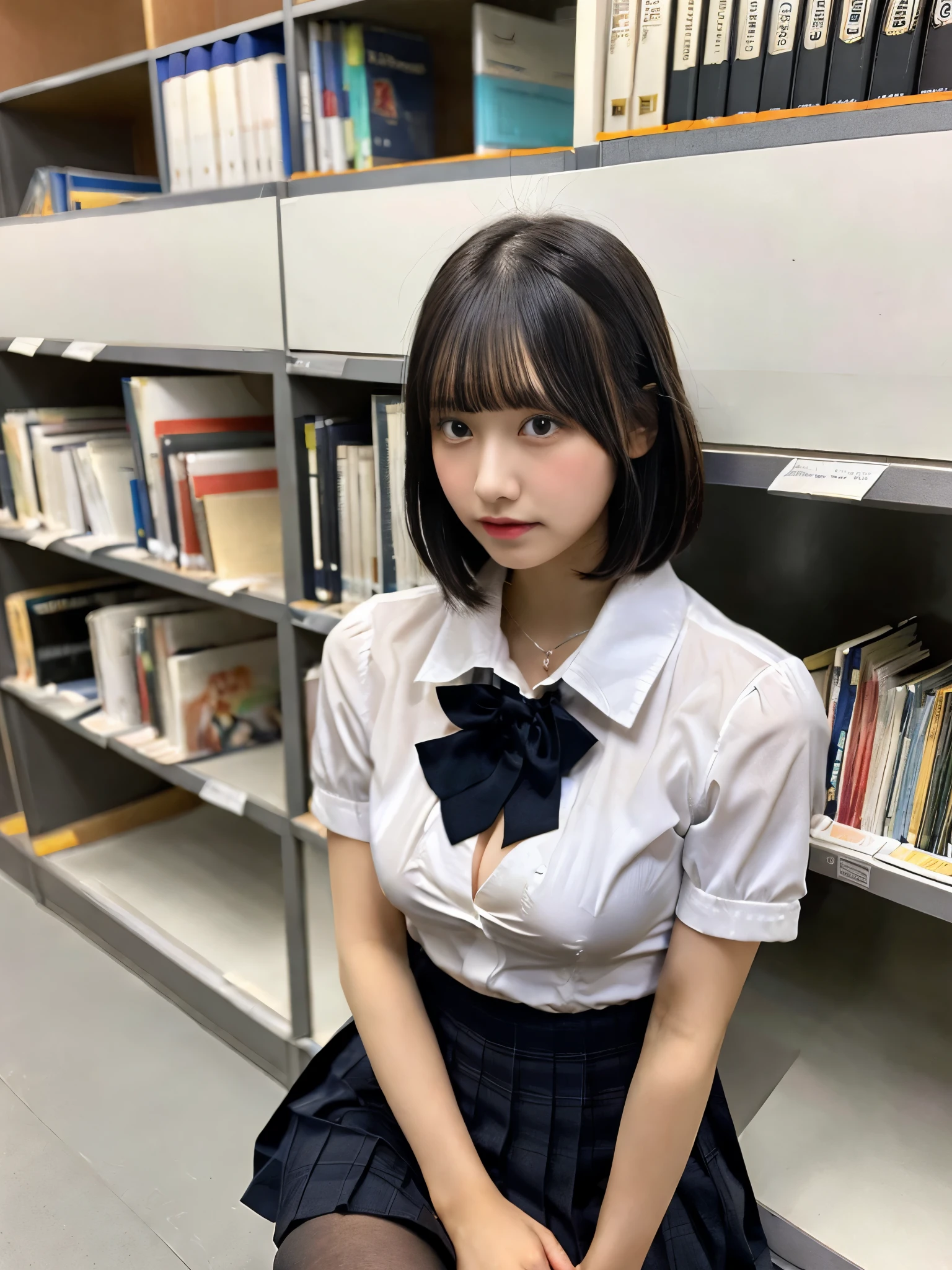 NSFW,(One girl:1.5),Black Hair,short hair,Big Breasts,Cleavage,high school girl,uniform,Short sleeve,Micro Mini Skirt,pantyhose,Sitting in a chair,Library,Embarrassed,blush,is nervous,(Perfect hands),(Perfect Anatomy),(masterpiece),(Highest quality)