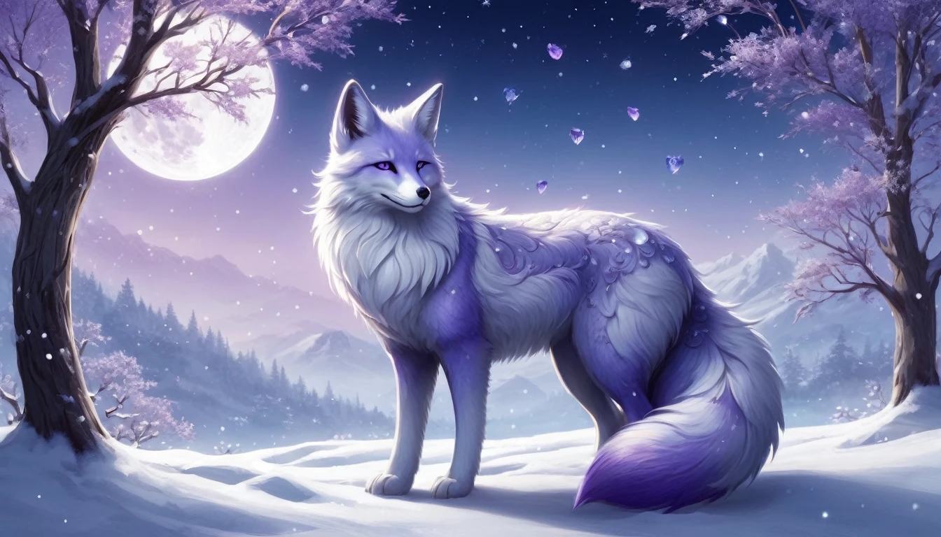 Create an enchanting scene featuring a mystical kitsune with multiple tails. The kitsune should have a luxurious fur coat with a gradient from white to dark blue, adorned with intricate, glowing patterns and gemstones. The tails should be large, fluffy, and decorated with elaborate designs and sparkling crystals. The kitsune's eyes should be bright blue, exuding a sense of magic and wisdom. The setting is a moonlit night with a full moon in the background, casting a silvery glow over the snowy landscape. Add delicate, bare trees with branches adorned with glistening, purple crystals, enhancing the ethereal atmosphere. Ensure the overall scene is magical, with a touch of fantasy and elegance