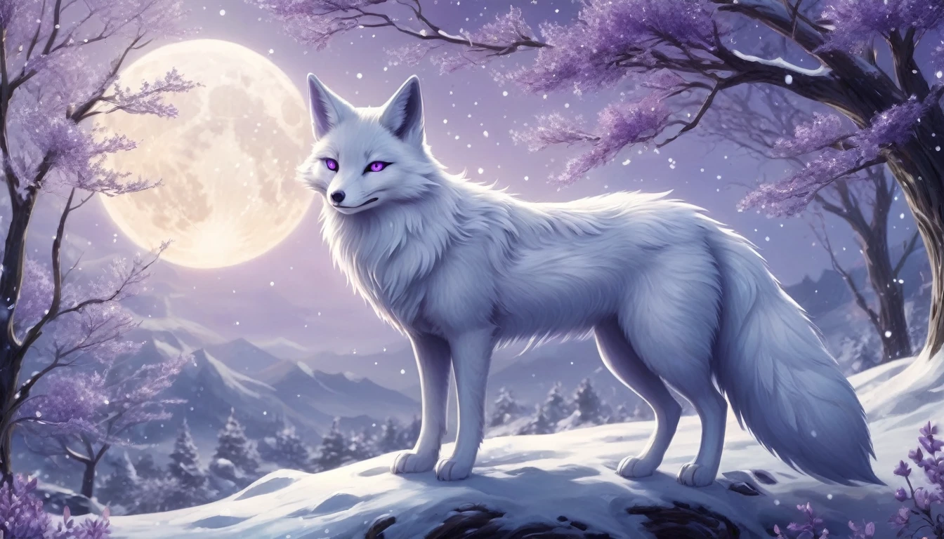 Create an enchanting scene featuring a mystical kitsune with multiple tails. The kitsune should have a luxurious fur coat with a gradient from white to dark blue, adorned with intricate, glowing patterns and gemstones. The tails should be large, fluffy, and decorated with elaborate designs and sparkling crystals. The kitsune's eyes should be bright blue, exuding a sense of magic and wisdom. The setting is a moonlit night with a full moon in the background, casting a silvery glow over the snowy landscape. Add delicate, bare trees with branches adorned with glistening, purple crystals, enhancing the ethereal atmosphere. Ensure the overall scene is magical, with a touch of fantasy and elegance