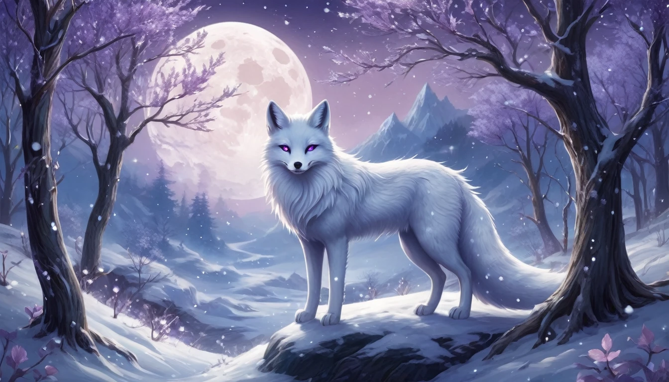 Create an enchanting scene featuring a mystical kitsune with multiple tails. The kitsune should have a luxurious fur coat with a gradient from white to dark blue, adorned with intricate, glowing patterns and gemstones. The tails should be large, fluffy, and decorated with elaborate designs and sparkling crystals. The kitsune's eyes should be bright blue, exuding a sense of magic and wisdom. The setting is a moonlit night with a full moon in the background, casting a silvery glow over the snowy landscape. Add delicate, bare trees with branches adorned with glistening, purple crystals, enhancing the ethereal atmosphere. Ensure the overall scene is magical, with a touch of fantasy and elegance