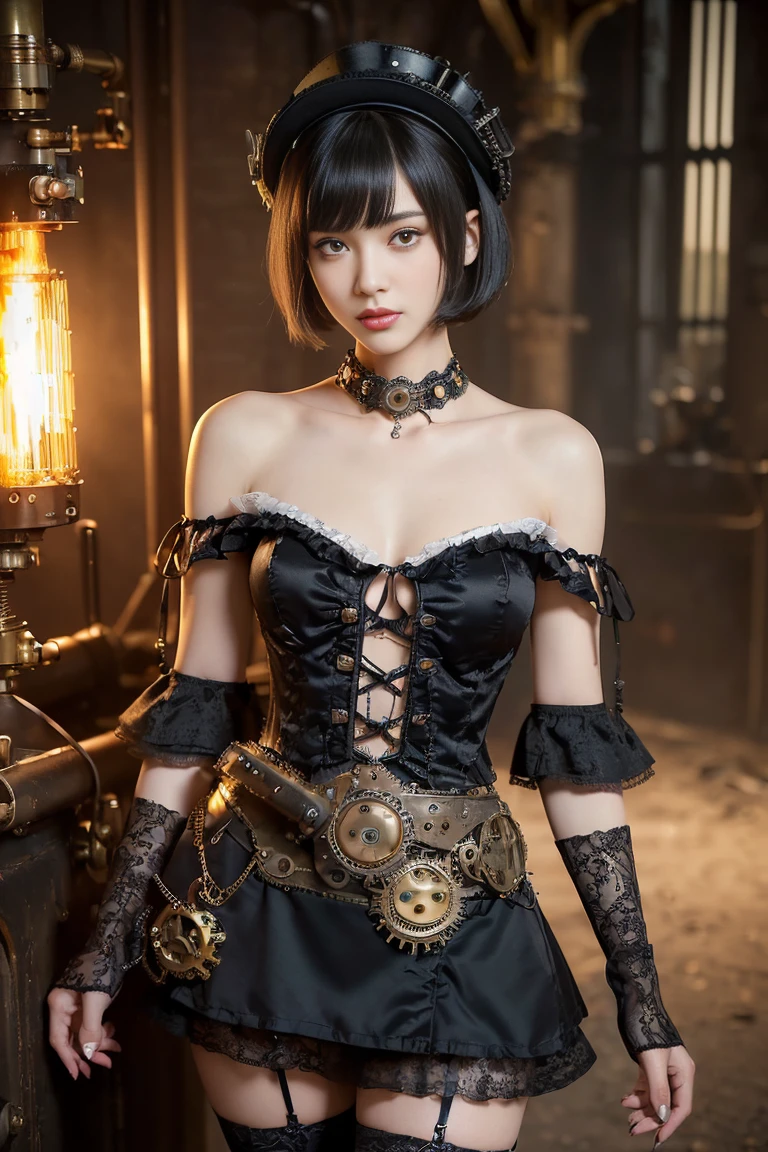 (((masterpiece, highest quality, Super detailed))), 1 female, (((very thin body))) , (((length, thin legs))), (((black short bob, thick fluffy bangs ))), (((highly detailed face))), No cosmetics, small and thin nose, thin mouth with small lips, (((Very sharp focused eyes))), Precise pale gray eyes with large slits, shine like a jewel, length eyelashes, ((Highly decorative intricate mechanical steampunk fashion, Lace Flare Mini Skirt, above the knee lace stockings, Lace Off Shoulder ta Fashion, Overly decorative fashion)), Abandoned Night, Complex mechanized steampunk factory catches fire and explodes, (((Overall accuracy has been dramatically improved, creating a Super detailed and realistic image))), super realistic photos, (((steampunk gun)))
